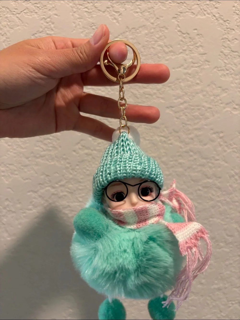NWOT Plush Pom-Pom Doll Keychain - Mint with Pink Scarf